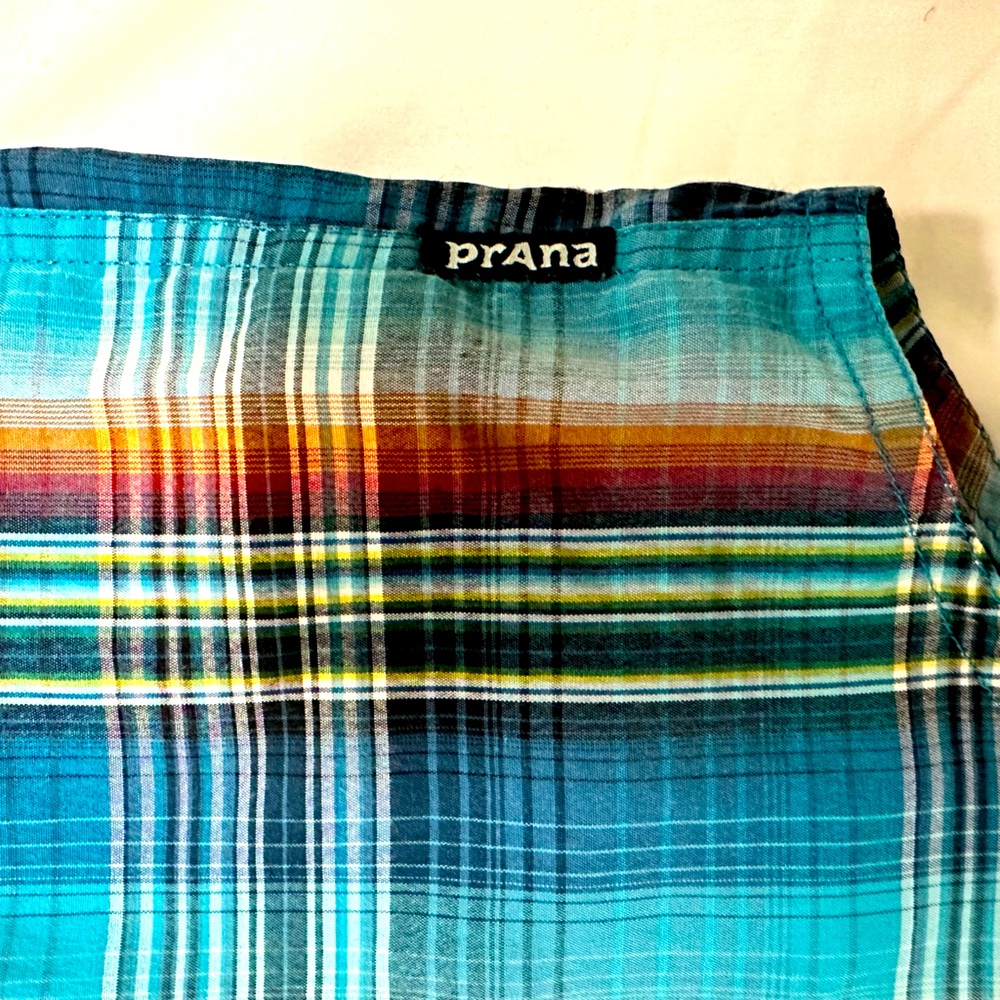 Prana casual button up plaid shirt, vibrant colors, size large